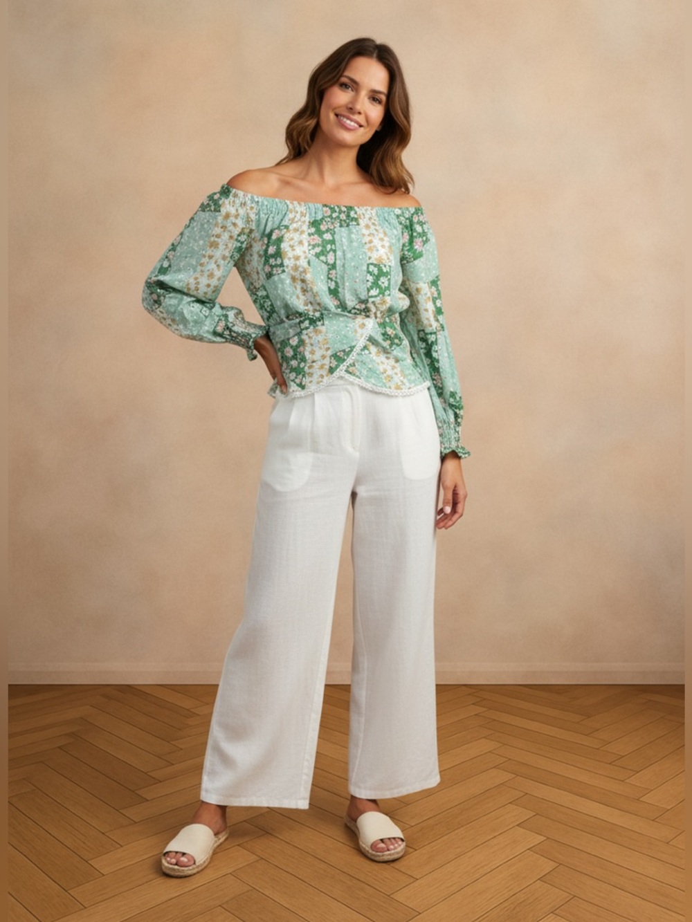 FLORA CRUSH OFF SHOULDER CINCHED WRIST SLEEVES BLOUSE Mint Green